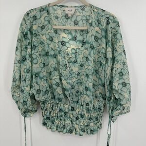 ECI New York Blouse Womens‎ Small Green Floral Smocked Waist Button Sheer Top